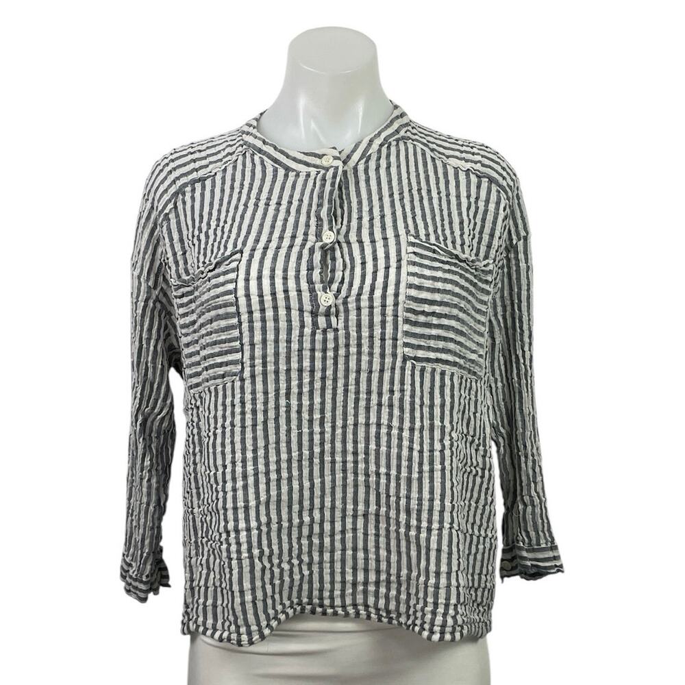 Zara Women Gray White Striped 3/4 Sleeve Pocket Button Henley Shirt Top Size S